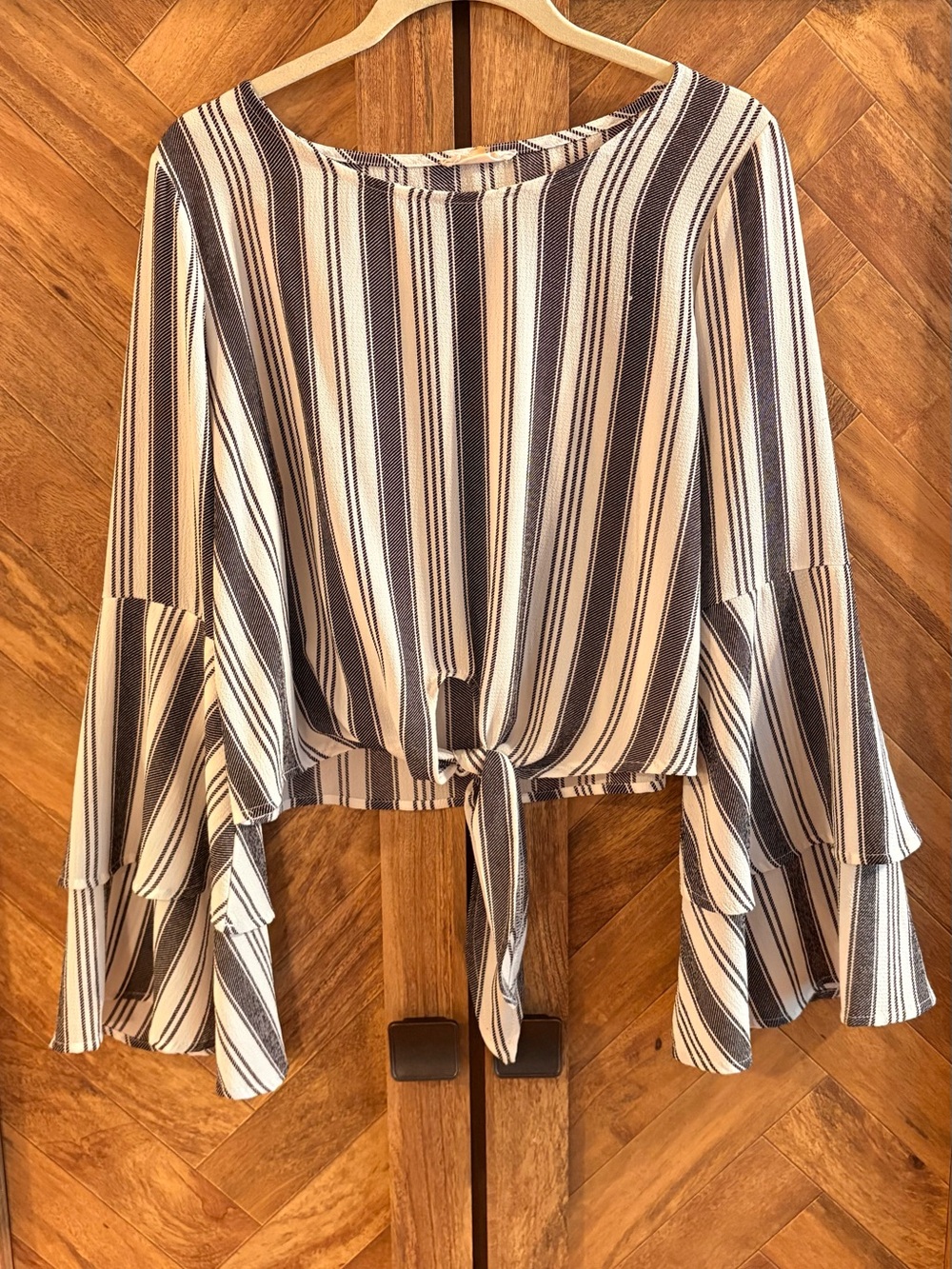 Altar'd State Black & White Striped Tiered Bell Sleeve Tie-Front Top